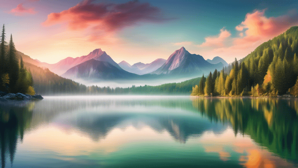 Stunning panoramic view of a tranquil mountain lake at sunrise, with mist rolling over crystal-clear waters, surrounded by lush green forests and towering peaks, reflecting the vibrant colors of the m