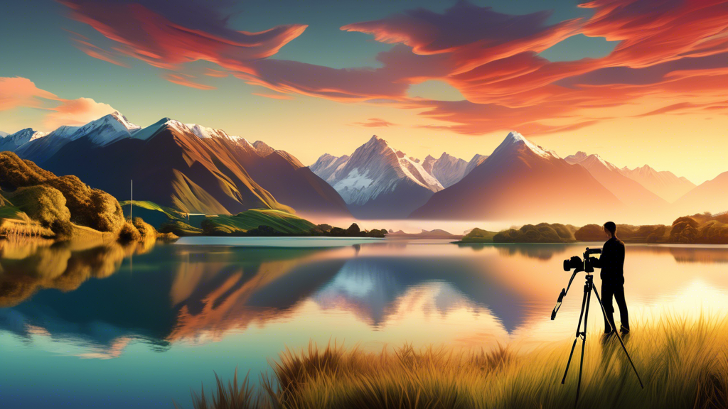 Stunning panoramic view of a serene New Zealand landscape at golden hour, showcasing majestic mountains, lush greenery, and a reflective lake, with a photographer in the foreground setting up a profes