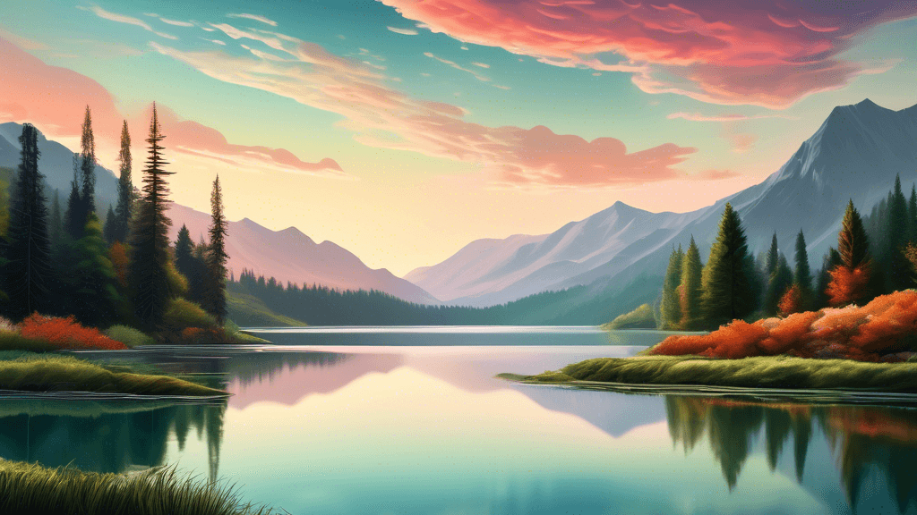 Serene mountain lake at sunrise, with distant peaks and colorful sky reflecting on calm water, surrounded by lush green forests, captured in a hyper-detailed landscape photograph displayed in a modern