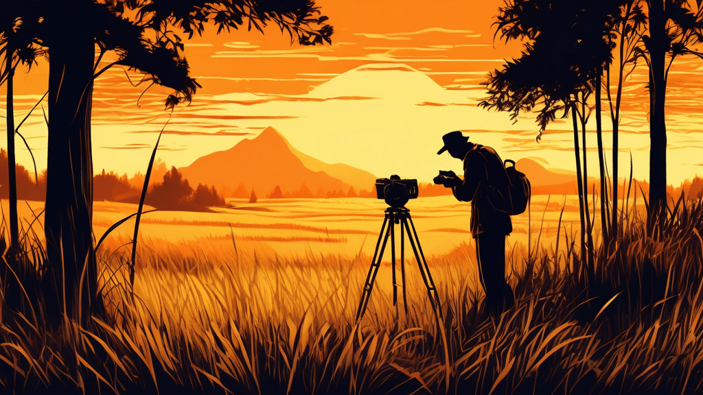 An enchanting forest landscape bathed in the golden glow of a setting sun, with a photographer adjusting a vintage camera on a tripod, surrounded by gently swaying tall grass and distant silhouetted m