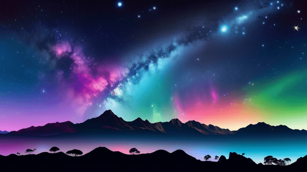 Stunning night sky panorama over New Zealand’s dark sky reserve, showcasing vibrant Milky Way galaxy, ethereal auroras, and silhouettes of observatories on a clear, starry night.