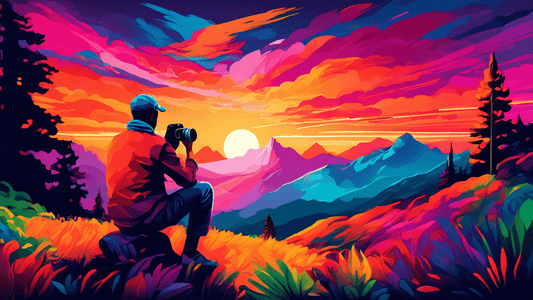 An artist with a camera and palette, blending vibrant colors as they capture a breathtaking sunset over a lush mountain range, with emphasis on the interaction of natural light and color spectrum in t