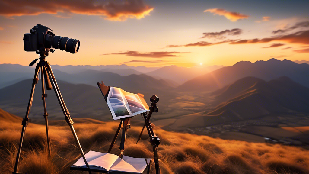 An expert photographer setting up a tripod at sunset in a breathtaking mountain range, with a tutorial book titled 'Mastering the Art of Landscape Photography' prominently displayed next to the camera