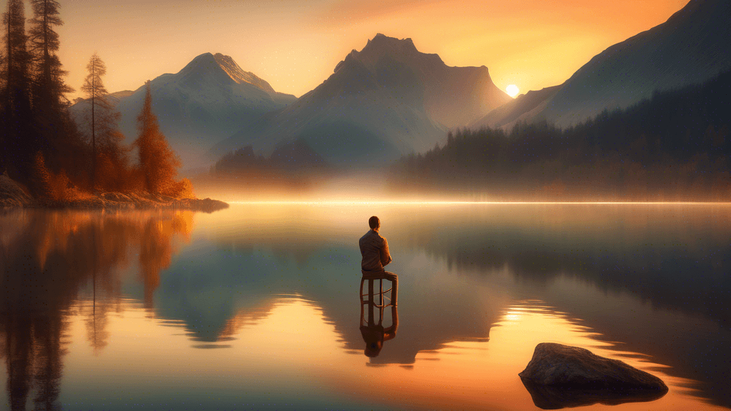 An ethereal landscape photograph depicting a serene lake at sunset, where a large, ornate mirror stands on the shore reflecting a majestic mountain range and amplifying the golden hues of the setting 