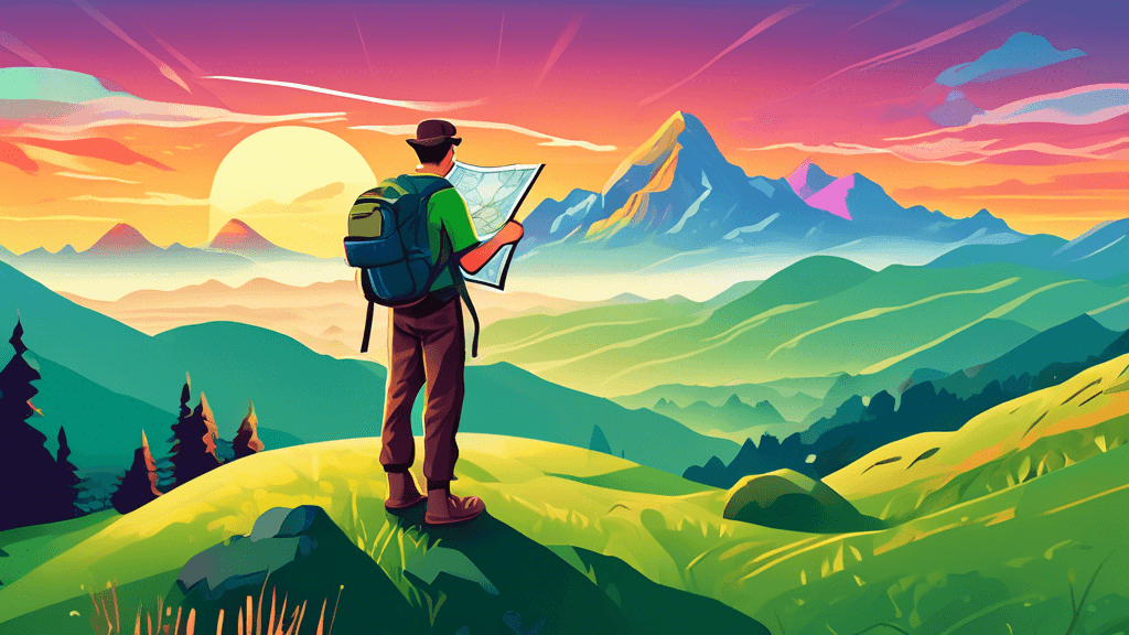 An eager photographer with a backpack and camera, standing on a lush green hill at sunrise, planning the day's journey with a map, surrounded by majestic mountains and a colorful sky in the background