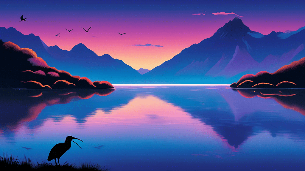 A serene landscape depicting New Zealand's majestic mountains and a sprawling lake during the blue hour, with vibrant twilight colors blending in the sky and reflections casting magical hues over tran