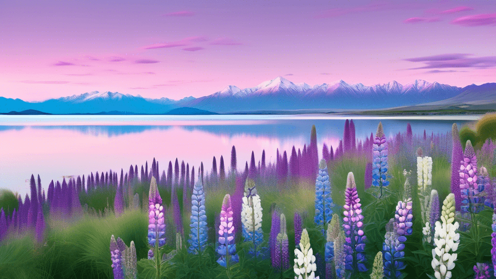 Serene dawn over Lake Tekapo with the Southern Alps in the background, featuring the blooming lupins on the shores under a pastel sky, in a high-resolution digital art style.