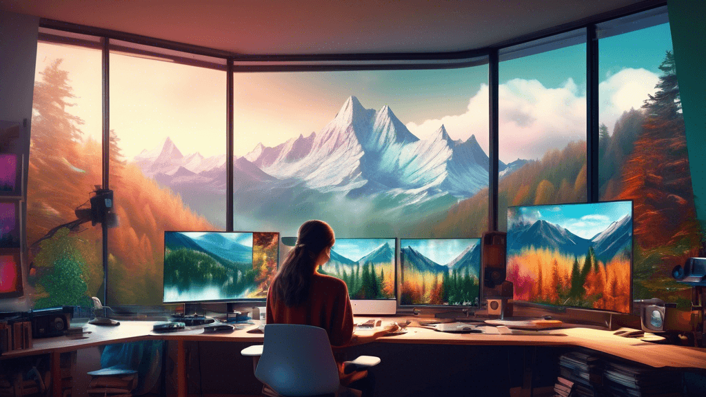 An artist digitally enhancing a breathtaking mountain landscape photo on a high-tech computer in a cozy, modern studio with large windows showcasing a forest view outside, natural light illuminating t