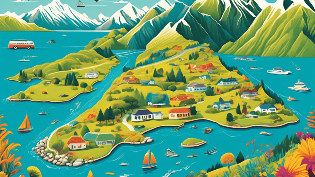 An illustrated map of New Zealand featuring a classic camper van traveling along a winding road through various stunning landscapes, including lush green hills, mountain ranges with snowy peaks, prist