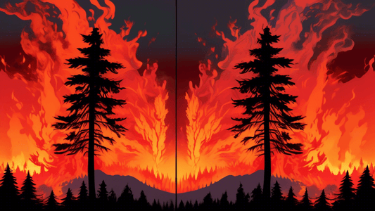 An artistic contrast showing two halves of a scene: on the left, a beautiful, serene sunset over a forest with vivid oranges and reds in the sky, and on the right, a dramatic, intense wildfire consumi