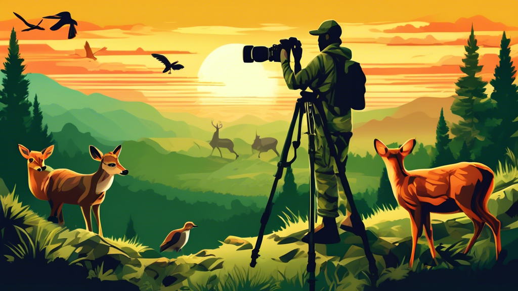 Create an image of a professional photographer, dressed in camouflage, using a DSLR camera on a tripod to capture a stunning landscape at sunrise, featuring a variety of animals such as deer, birds, a