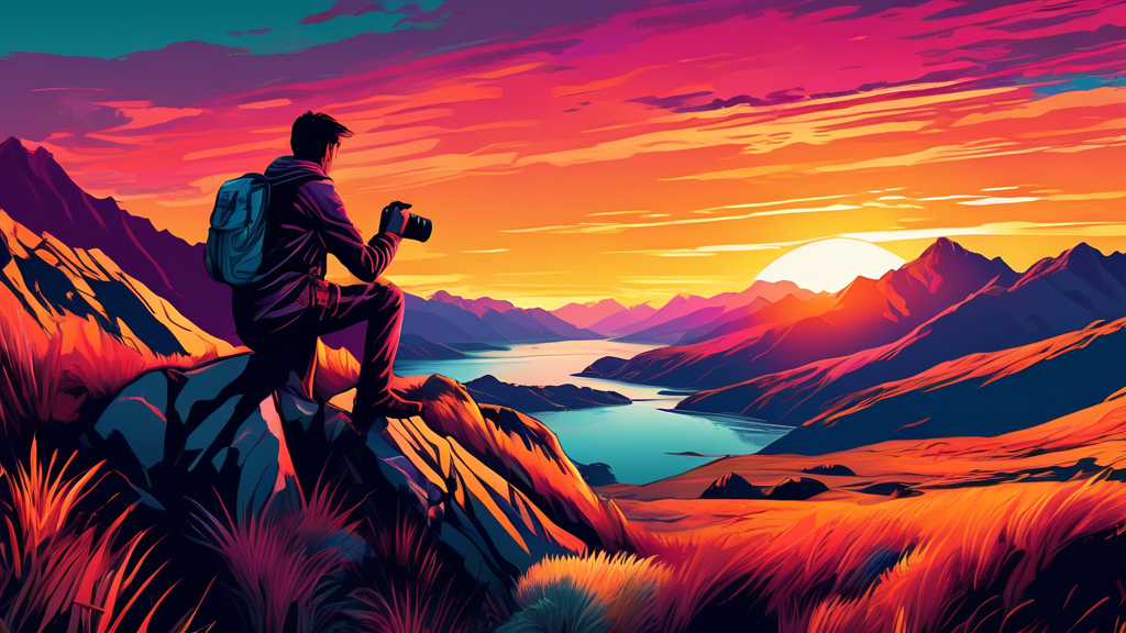 A daring photographer perched on a cliff edge, capturing a breathtaking sunset over New Zealand's rugged mountains and deep valleys, with a powerful camera and surrounded by untouched wilderness.