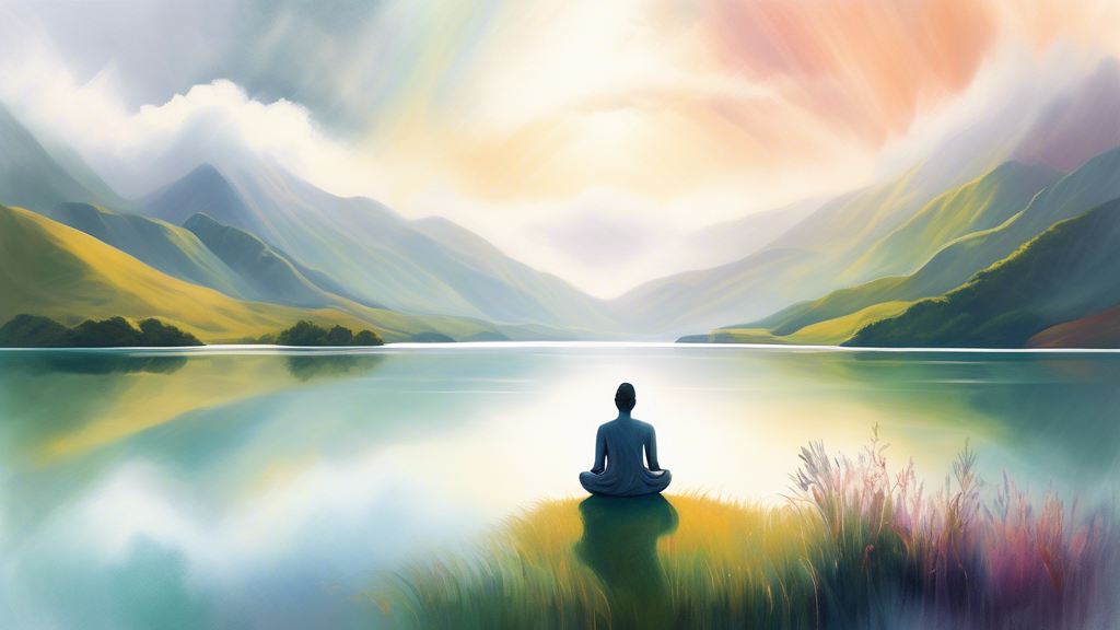 An ethereal painting of a solitary figure meditating beside a serene lake surrounded by the lush, rolling hills and misty mountains of New Zealand's wild landscapes, with soft sunlight filtering throu