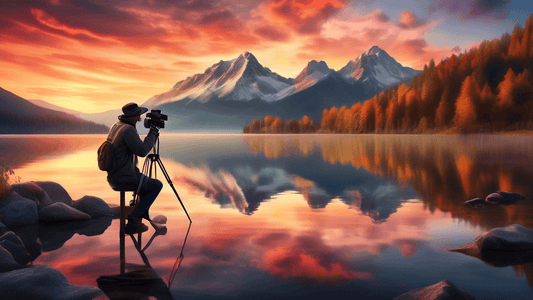 An artistic photographer at golden hour, perfectly capturing the serene reflection of a majestic mountain and colorful sunset clouds in a crystal-clear mountain lake, with a vintage camera on a tripod