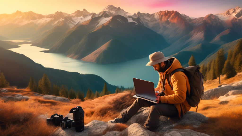 A serene mountain landscape during golden hour, featuring a photographer editing photos on a laptop, surrounded by scattered camera equipment and color swatches, illustrating various post-processing t