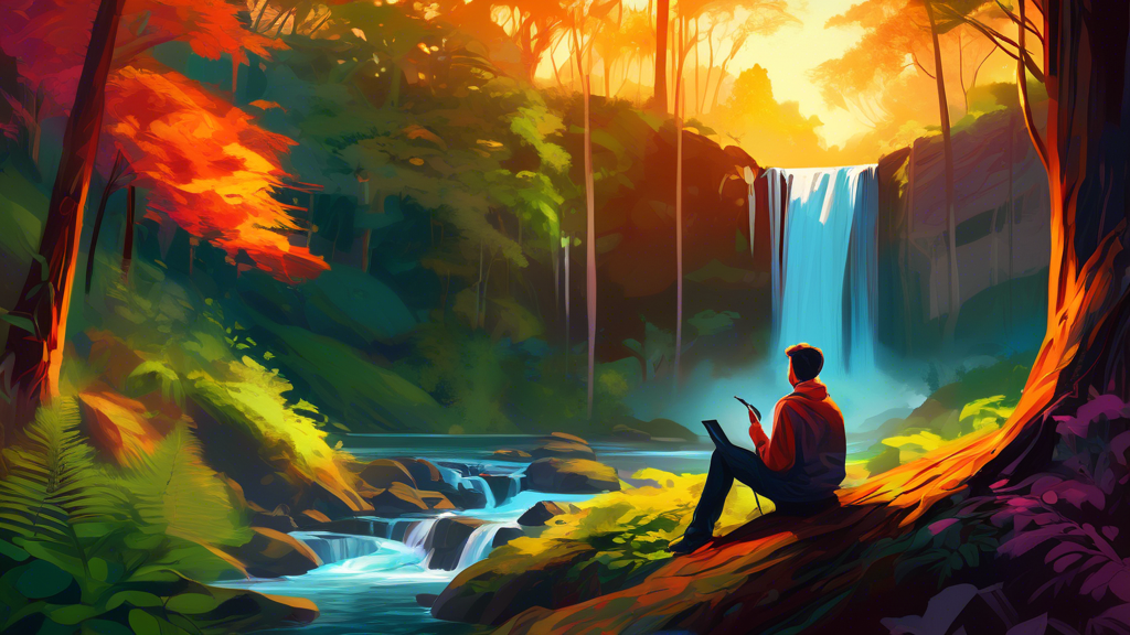 An enchanting digital painting of an aspiring photographer learning landscape photography from expert Stephen Milner in a lush, vividly colored forest during golden hour, capturing the serene beauty o