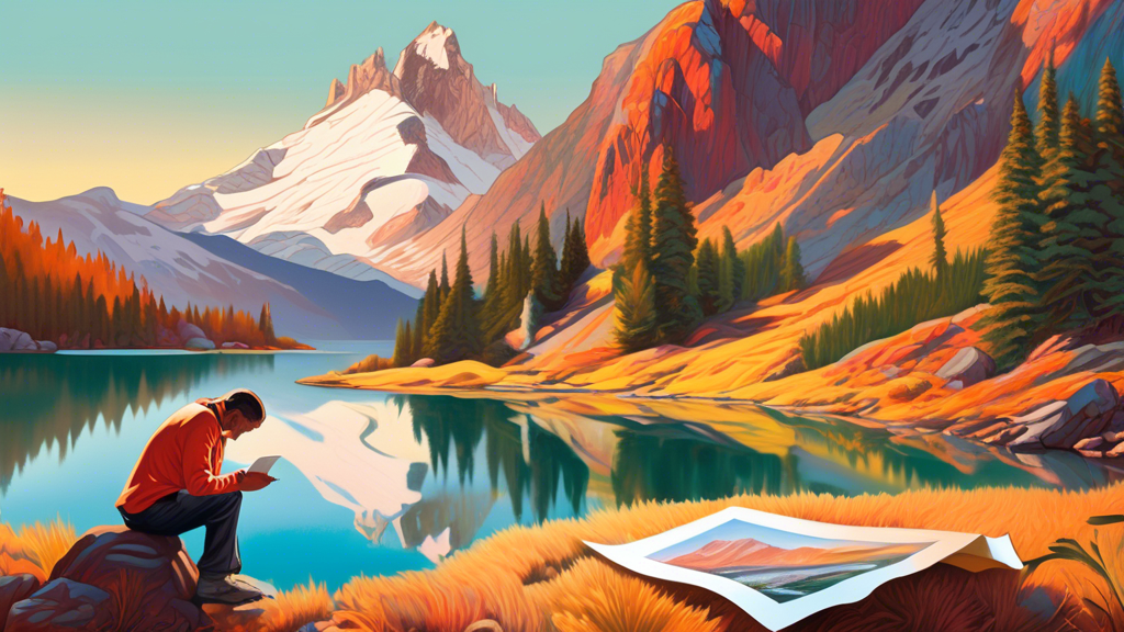 An artist in a serene, sunlit studio, delicately hand-signing a vibrant, limited edition landscape print that depicts a majestic mountain scene with a mirror-like lake in the foreground, surrounded by