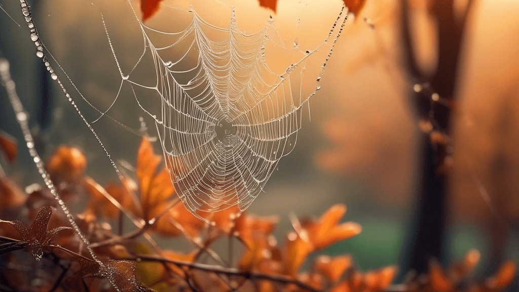 An intricate close-up of a dew-covered spiderweb with a backdrop of blurry autumn trees, beautifully illustrating depth in landscape photography, with soft morning light enhancing the textures and col