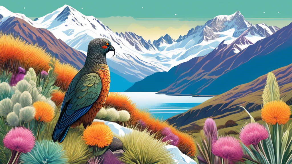 An enchanting illustrated scene showing a variety of unique alpine plants and wildlife native to New Zealand's highlands, with snow-capped peaks in the background and a kea bird perched on a colorful 