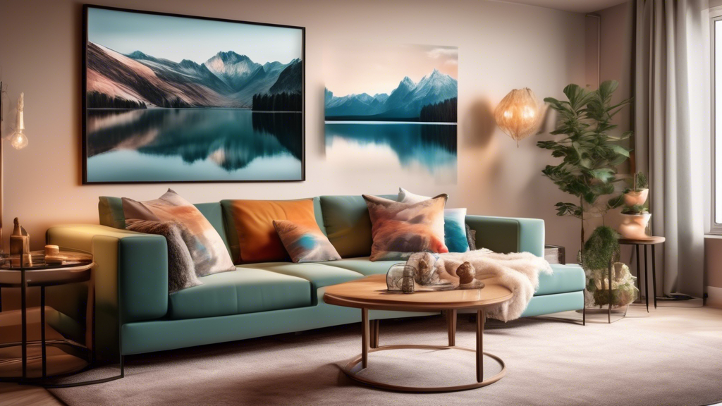 Cozy modern living room interior with large framed landscape photographs on the walls, incorporating prints of majestic mountains and serene lakes, soft lighting and plush furnishings to highlight the