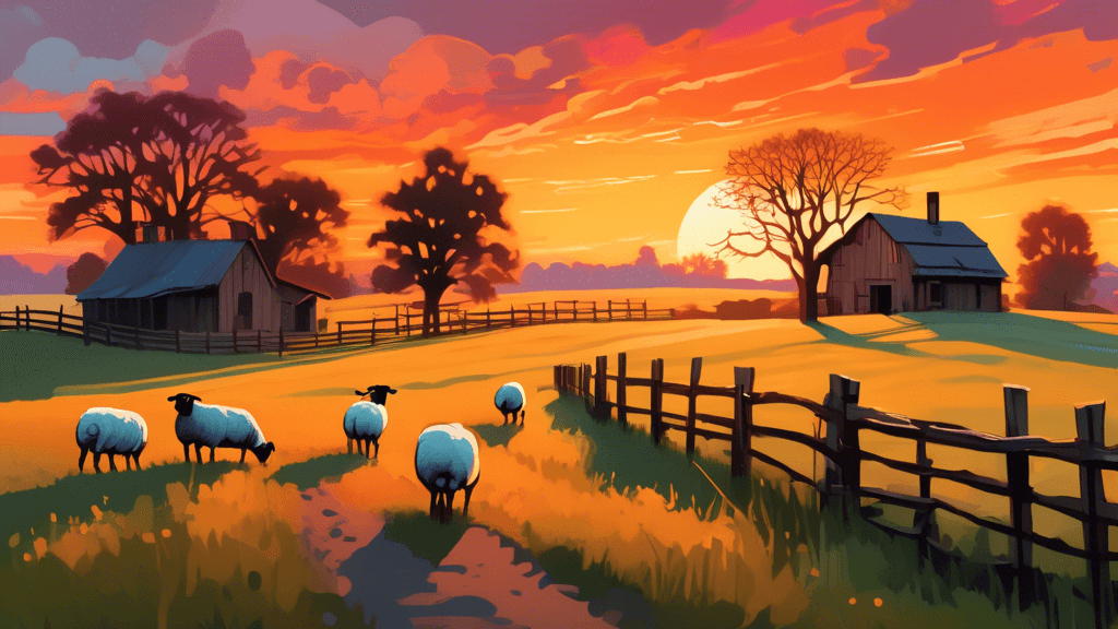 Vivid sunset over a serene, rolling pasture with clusters of ancient oak trees, a rustic wooden fence in the foreground, sheep grazing calmly, and an old, weathered barn in the distance, all set again