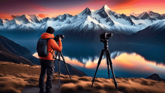 Stunning sunrise over the majestic snow-capped peaks of the Southern Alps in New Zealand, with a photographer setting up a tripod and camera in the foreground, capturing the serene landscape.