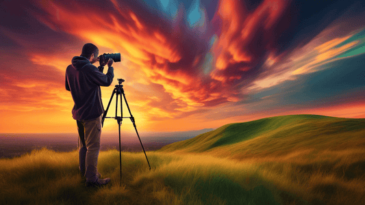 Stunning image of a professional photographer on a grassy hill at sunset, using a high-end camera on a tripod to capture an expansive sky filled with dramatically illuminated, shifting clouds in an ar