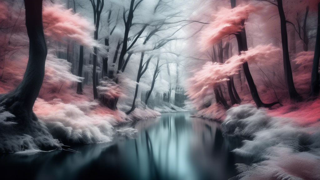 A serene landscape photograph showcasing a dense forest with long exposure in infrared, highlighting ethereal textures and ghostly white foliage against a dark sky, with a gentle river reflecting the 
