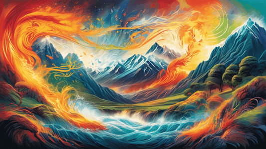 An epic digital artwork featuring the dynamic landscapes of New Zealand with elemental spirits embodying earth, wind, fire, and water - each spirit interacting with its natural environment in a harmon