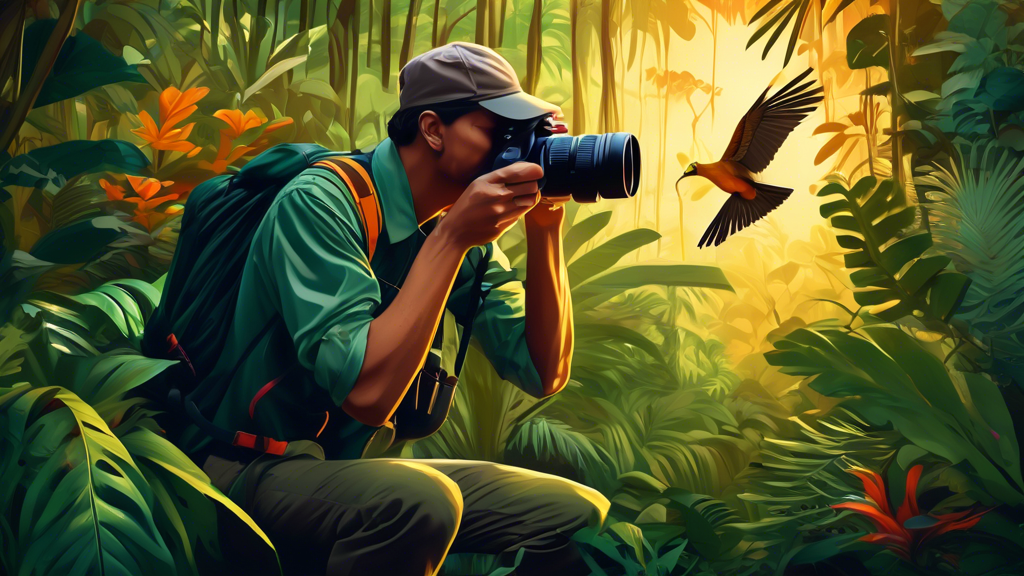 A professional wildlife photographer taking a photo of a rare bird in a lush, vibrant rainforest, with a camera equipped with a large lens, surrounded by diverse flora and fauna, in the golden light o