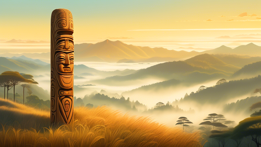 Stunning panoramic view of a misty morning in Aotora, featuring ancient forests, rolling hills, and distant mountains bathed in soft golden sunlight, with a Maori carved wooden totem subtly integrated