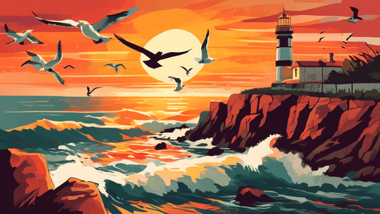 An idyllic sunset casting warm hues over a historic lighthouse perched on a rugged cliff overlooking a tranquil sea, with seagulls flying in the foreground and gentle waves lapping at the rocky shore 