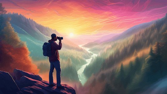 An artist holding a camera, standing on a cliff overlooking a vast, enchanting forest valley during sunset, with swirling mist and ethereal light beams piercing through the trees, in a highly detailed