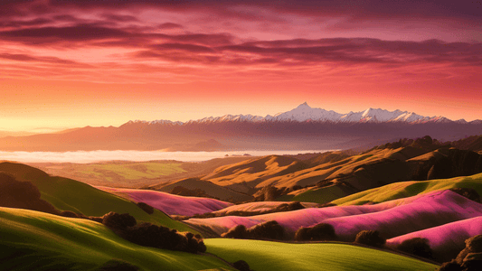 An ethereal landscape photograph of New Zealand featuring rolling hills and a distant mountain range during the golden hour, with the setting sun casting vivid orange and pink hues across the sky and 