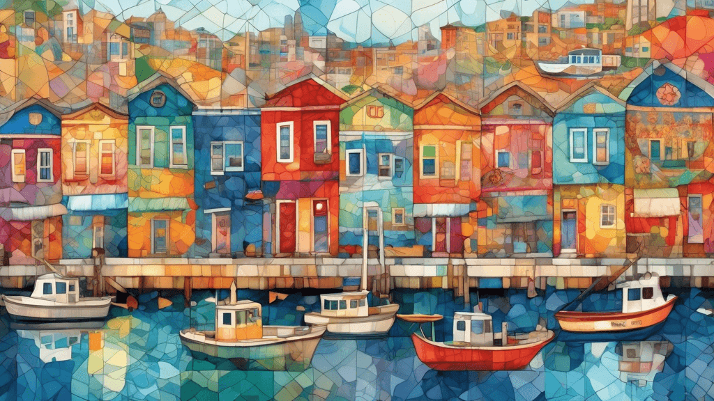 Create an intricate, colorful digital quilt design composed of various artistic patches, each patch illustrating a different global harbor and waterfront scene, such as the vibrant docks of San Franci