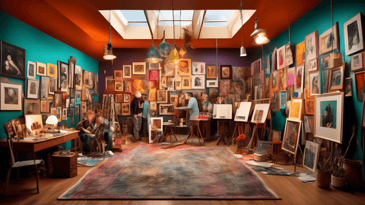 An imaginative art studio with walls adorned by stunning, diverse photographic works representing different eras and styles, featuring an eclectic group of photographers gathered around, discussing th