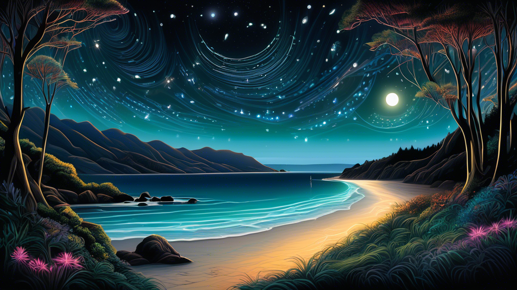 Create an intricate digital painting of a breathtaking night landscape in New Zealand, featuring luminescent glow worms along a winding forest trail, the Southern Cross constellation brilliantly visib