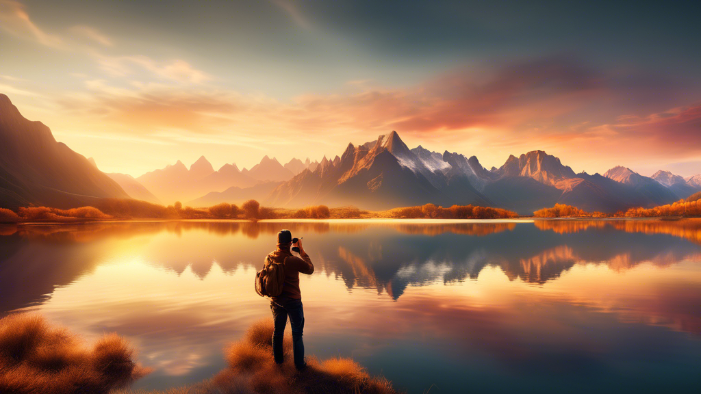 An awe-inspiring landscape photograph capturing a photographer in action during a magical golden hour, with sprawling mountains and a reflecting lake in the background, emphasizing the importance of s