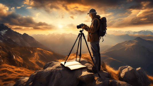 Create an artistic digital image of a photographer, equipped with a professional camera and a tripod, standing on a rugged mountain peak at sunset. Surround the scene with dramatic clouds and golden l