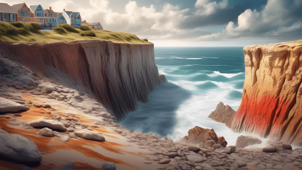 Create a highly detailed digital artwork of a time-lapse photo-realistic scene showing a coastal cliff dramatically eroding. The foreground should depict vivid geological layers in diverse colors, exp