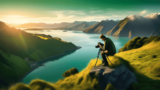 Create an image of a photographer at sunrise, standing on a cliff overlooking a serene fjord in New Zealand, with a camera on a tripod, capturing the scenic beauty of misty waters and lush green mount