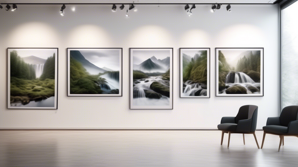 Create an image of a serene landscape photography exhibition in a modern art gallery, with large prints showcasing diverse natural scenes like mountains, waterfalls, and forests, hanging on sleek whit