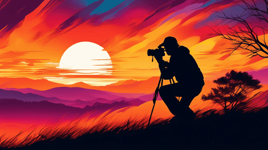 An artistic depiction of a photographer, silhouetted against a vibrant sunset, capturing a sweeping landscape with a camera, where blurred lines of motion suggest wind-swept trees and racing clouds.