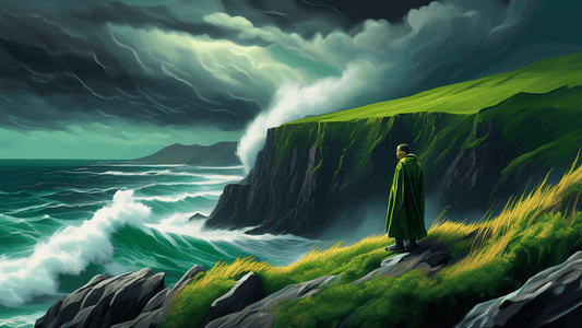 An awe-inspiring, hyper-realistic digital painting of a solitary figure standing on a rugged cliff overlooking a stormy sea, with giant waves crashing against the shore and dark storm clouds overhead,