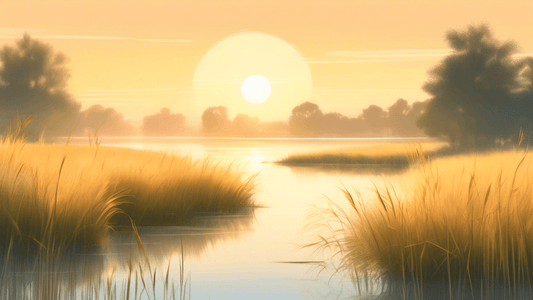 An early morning serene landscape featuring a field with tall, swaying grass under a clear sky, gentle breezes creating ripples across a nearby lake, bathed in the soft golden light of sunrise, viewed