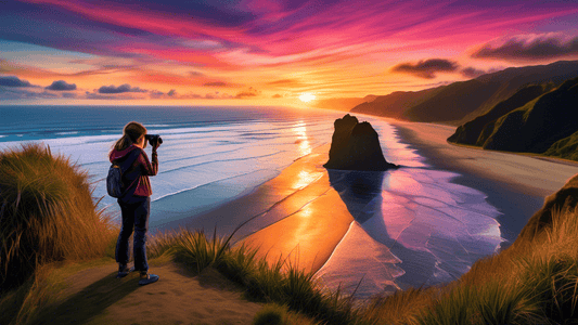 A landscape photographer standing on a high cliff overlooking a breathtaking sunset at Piha Beach, New Zealand, with her camera on a tripod, capturing the vibrant colors of the sky reflecting on the o