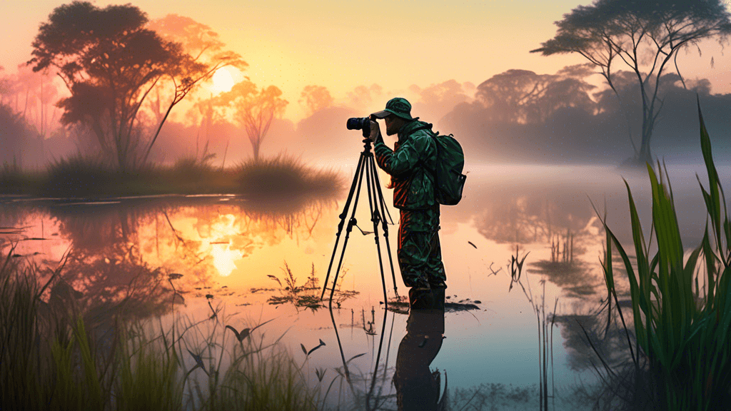 An early morning scene in a lush wetland, with a photographer in a camouflage outfit set up with a tripod and camera, capturing images of diverse wildlife and vibrant flora, under a misty sunrise with