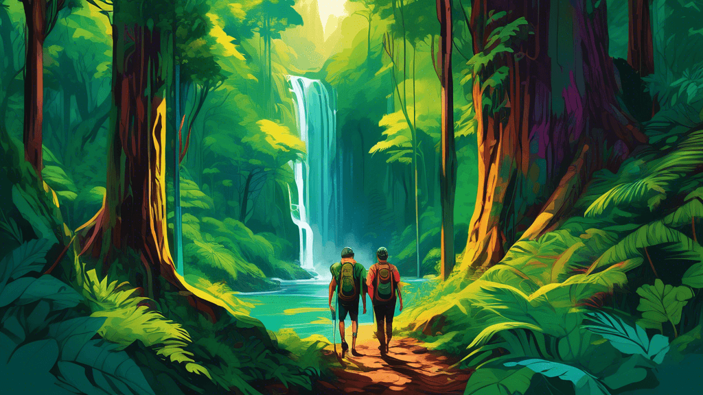 Create a vibrant digital painting showcasing a group of adventurers walking through a lush, green forest with towering ancient trees and a hidden waterfall in the background, reflecting the unexplored