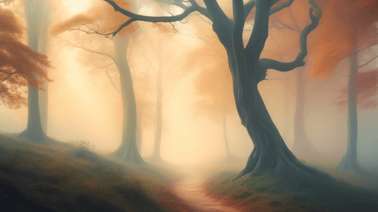 An ethereal forest landscape at dawn, gently enveloped in a thick layer of fog and mist, with soft, diffused sunlight filtering through tall, ancient trees, highlighting a narrow, winding path that di