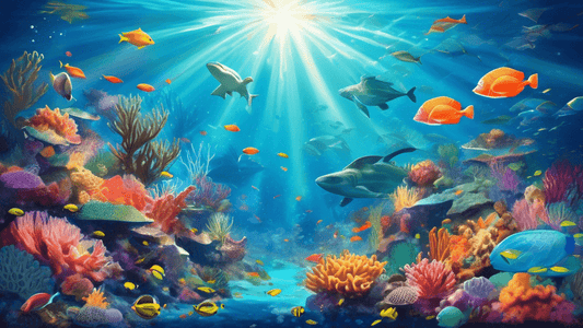 An ethereal underwater landscape showcasing a vibrant coral reef teeming with diverse marine life, including colorful fish, sea turtles, and rays, with beams of sunlight filtering through the ocean su